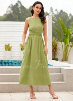 Scoop Sexy Vacation A-line Cotton Midi Dresses