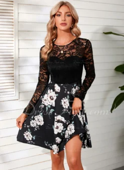 Floral Print Scoop Illusion Elegant A-line Lace Mini Dresses