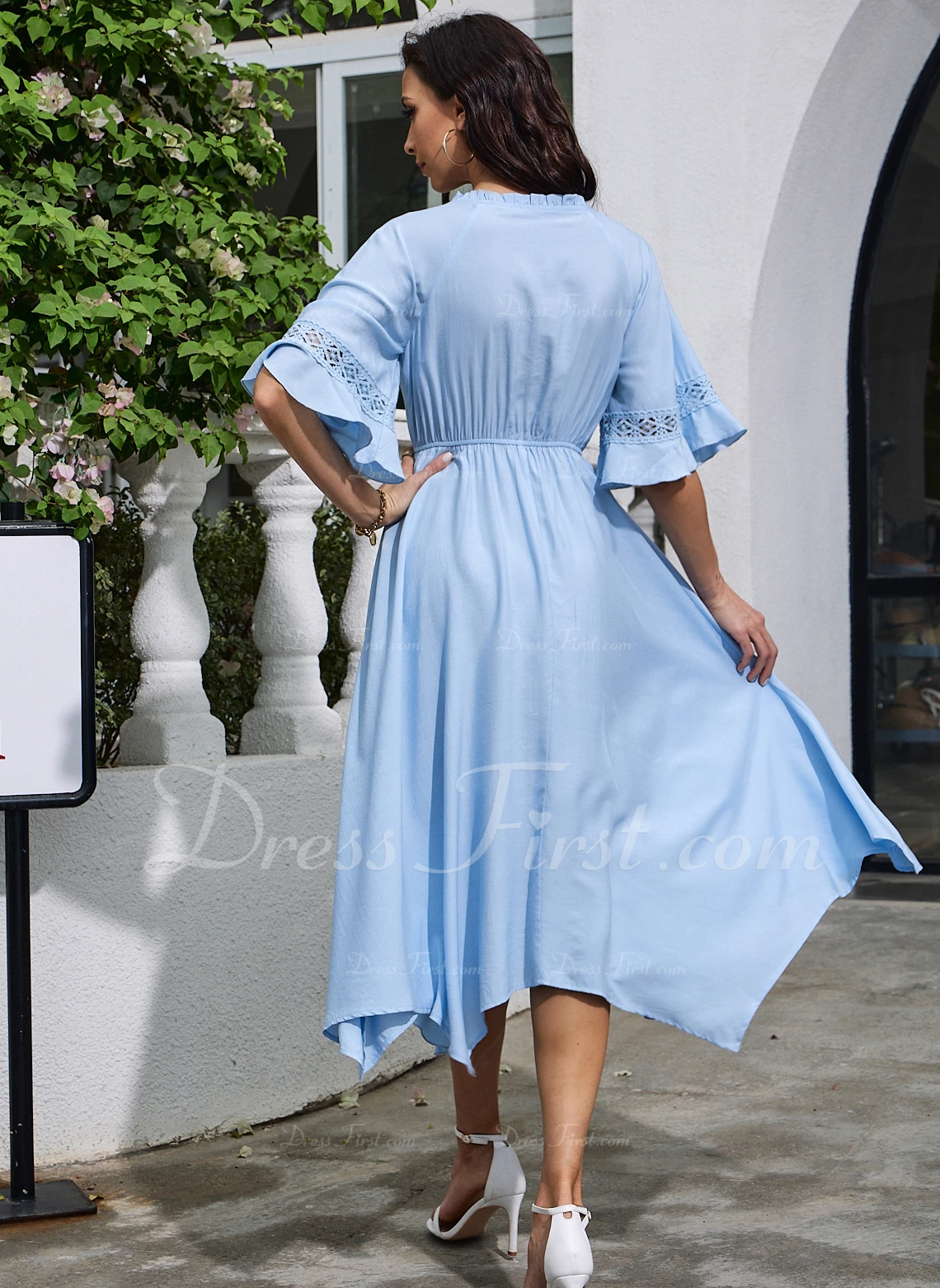 Cascading Ruffles V-Neck Vacation A-line Rayon Asymmetrical Dresses - Image 2