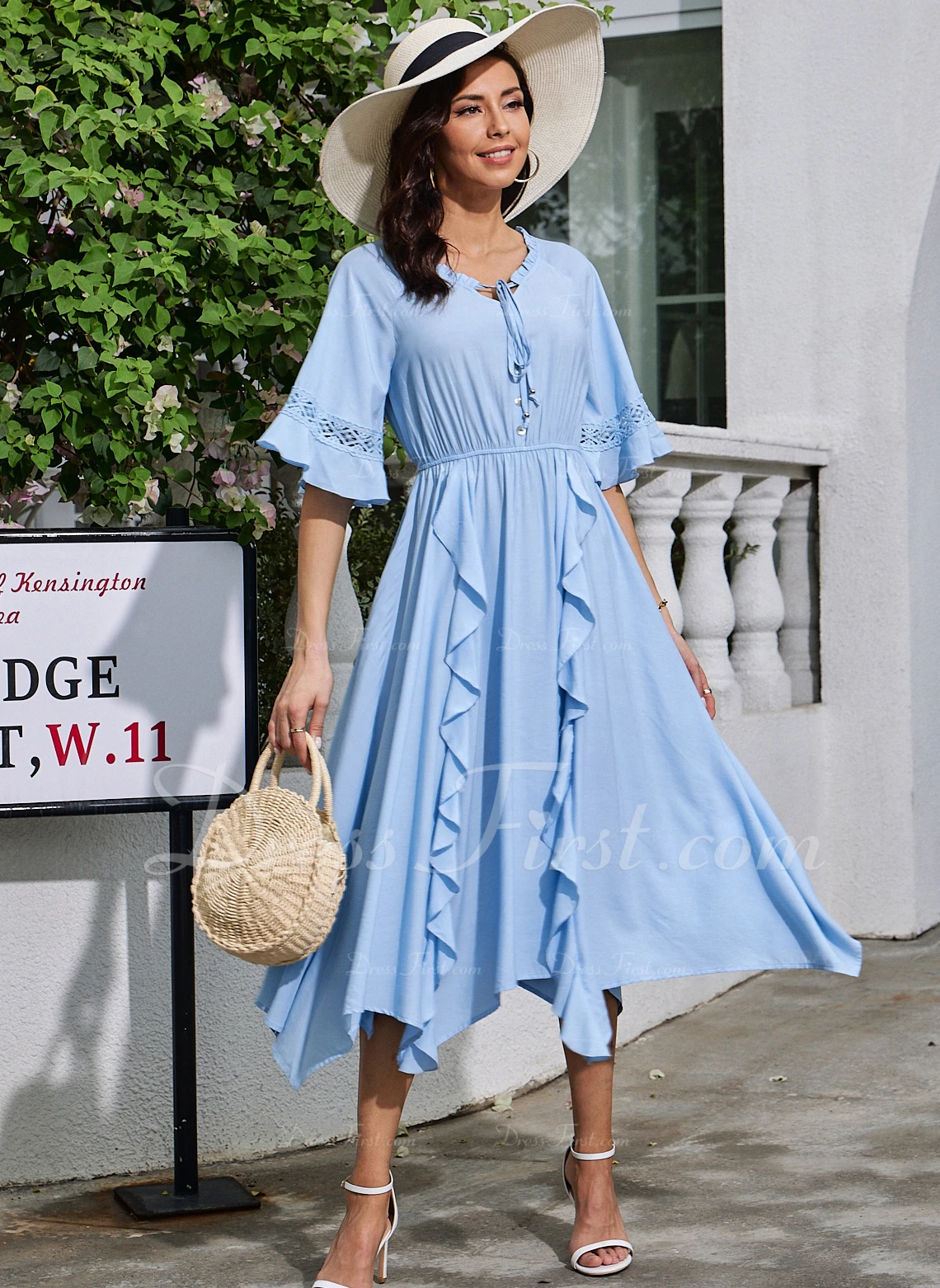 Cascading Ruffles V-Neck Vacation A-line Rayon Asymmetrical Dresses - Image 4