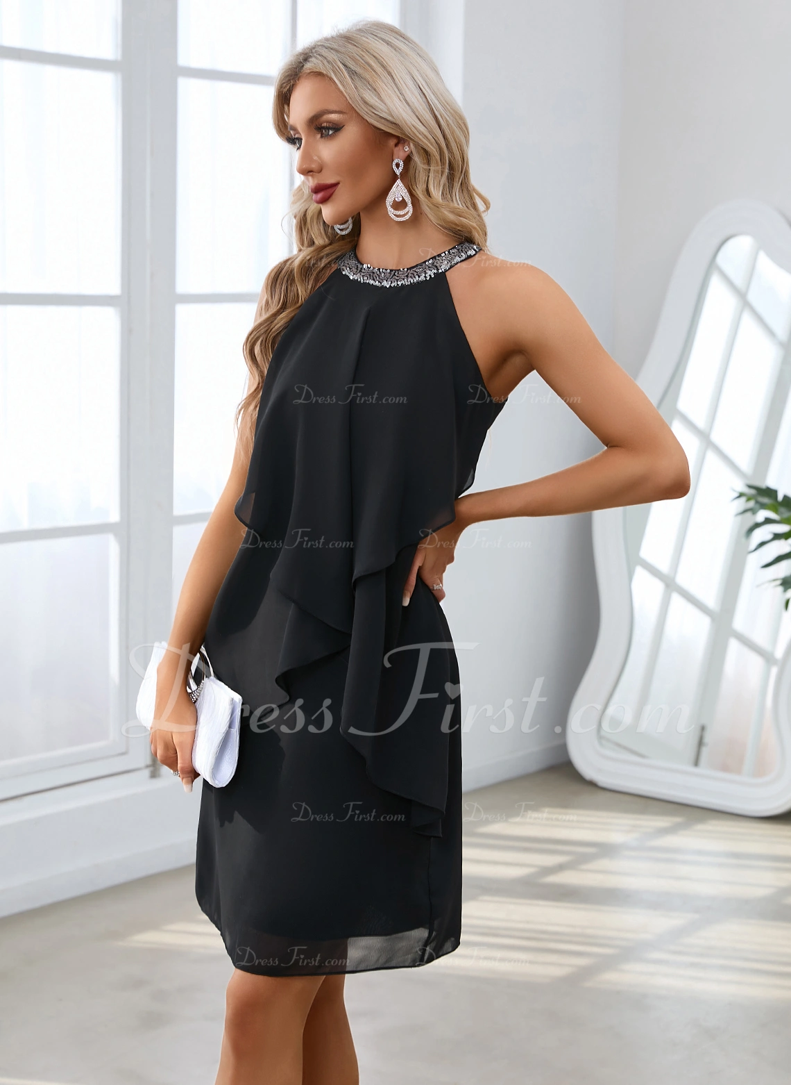 Sequins Scoop Elegant A-line Chiffon Short/Mini Dresses - Image 3