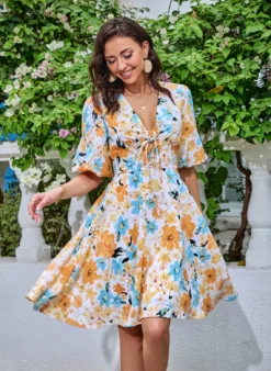 Floral Print V-Neck Vacation A-line Polyester Short/Mini Dresses