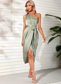 One Shoulder Elegant Sheath/Column Satin Asymmetrical Dresses