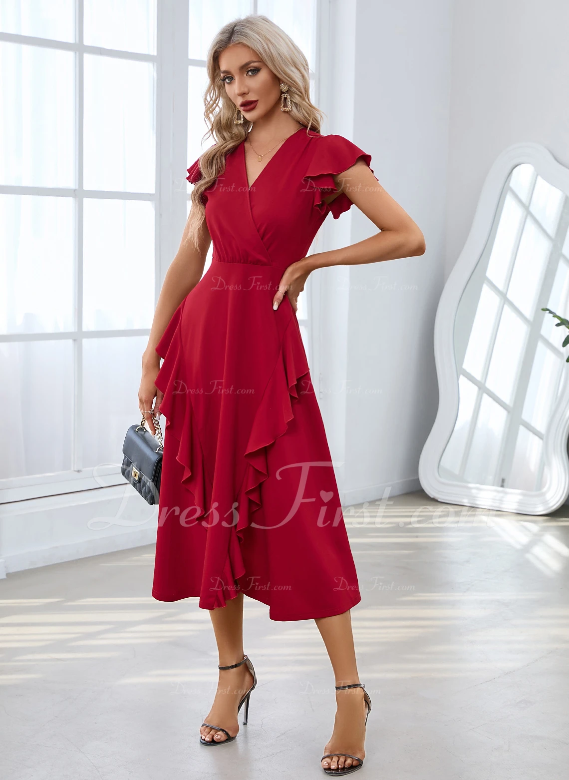 Cascading Ruffles V-Neck Elegant A-line Cotton Blends Midi Dresses - Image 4