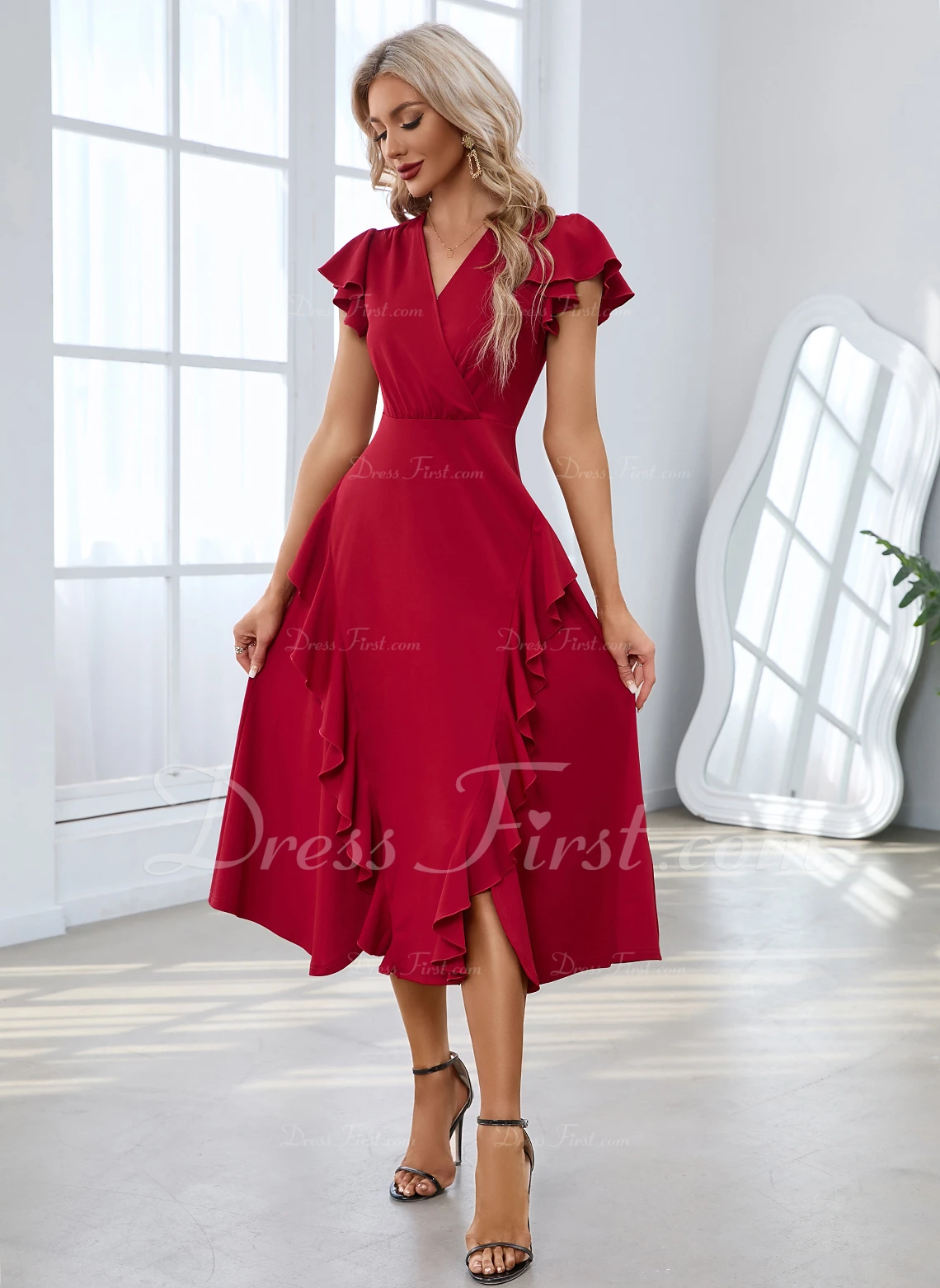 Cascading Ruffles V-Neck Elegant A-line Cotton Blends Midi Dresses - Image 2