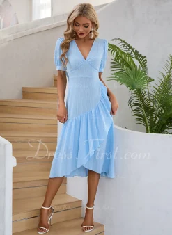 Ruffle V-Neck Vacation A-line Cotton Midi Dresses