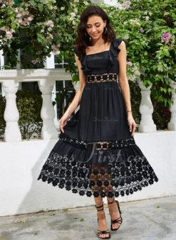 Appliques Lace Square Vacation A-line Rayon Midi Dresses