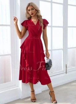Cascading Ruffles V-Neck Elegant A-line Cotton Blends Midi Dresses