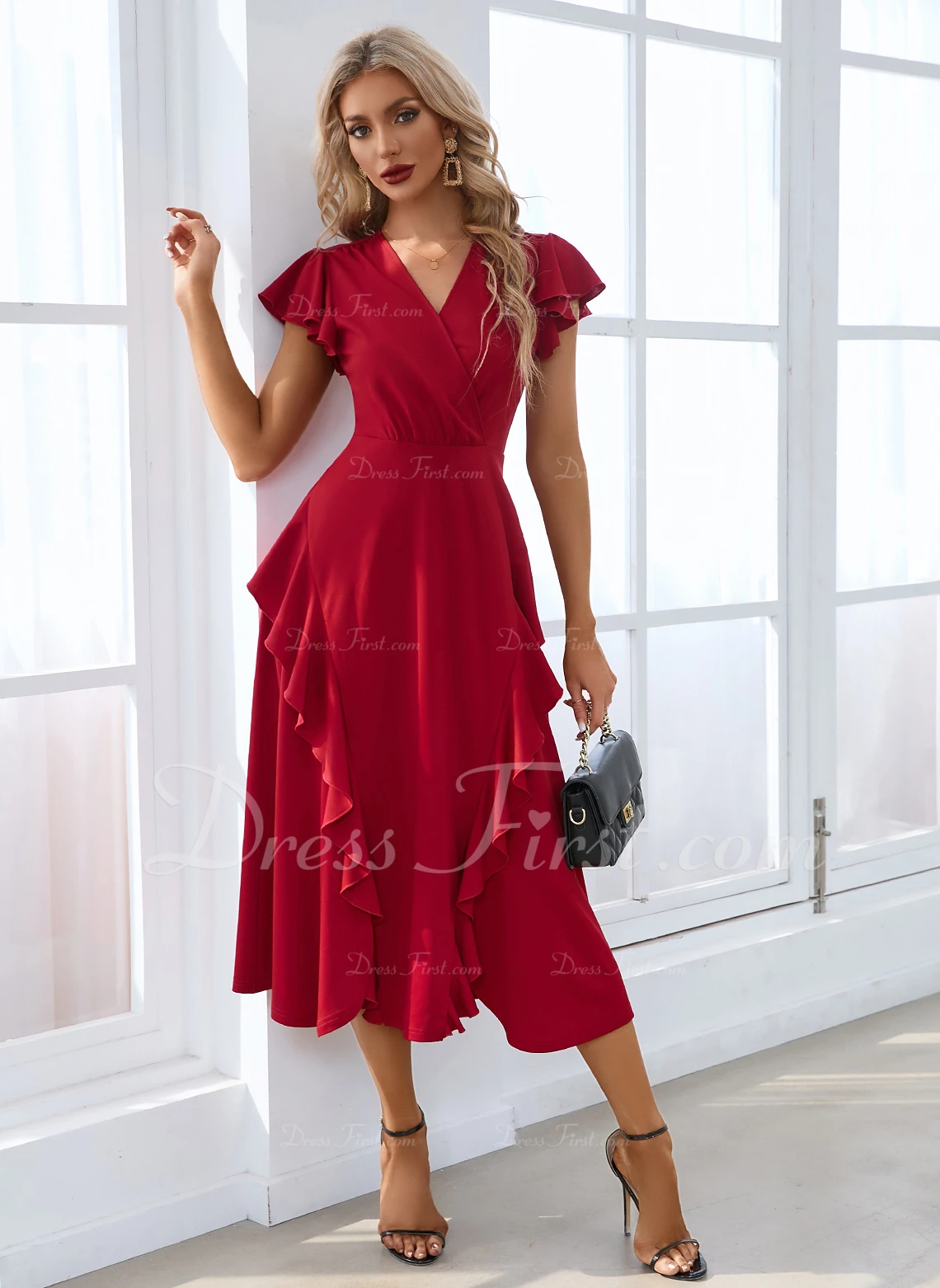 Cascading Ruffles V-Neck Elegant A-line Cotton Blends Midi Dresses