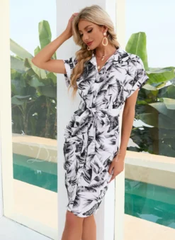 Floral Print High Neck Vacation Sheath/Column Polyester Midi Dresses