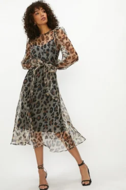 Coast Printed Long Sleeve Organza Tie Waist Midi Dress