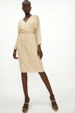 Coast Cluster Sequin Long Sleeve Tie Waist Midi Dress