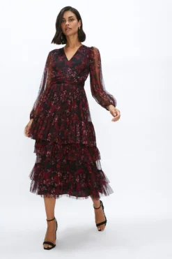 Coast Printed Mesh Tiered Long Sleeve Midi Dress