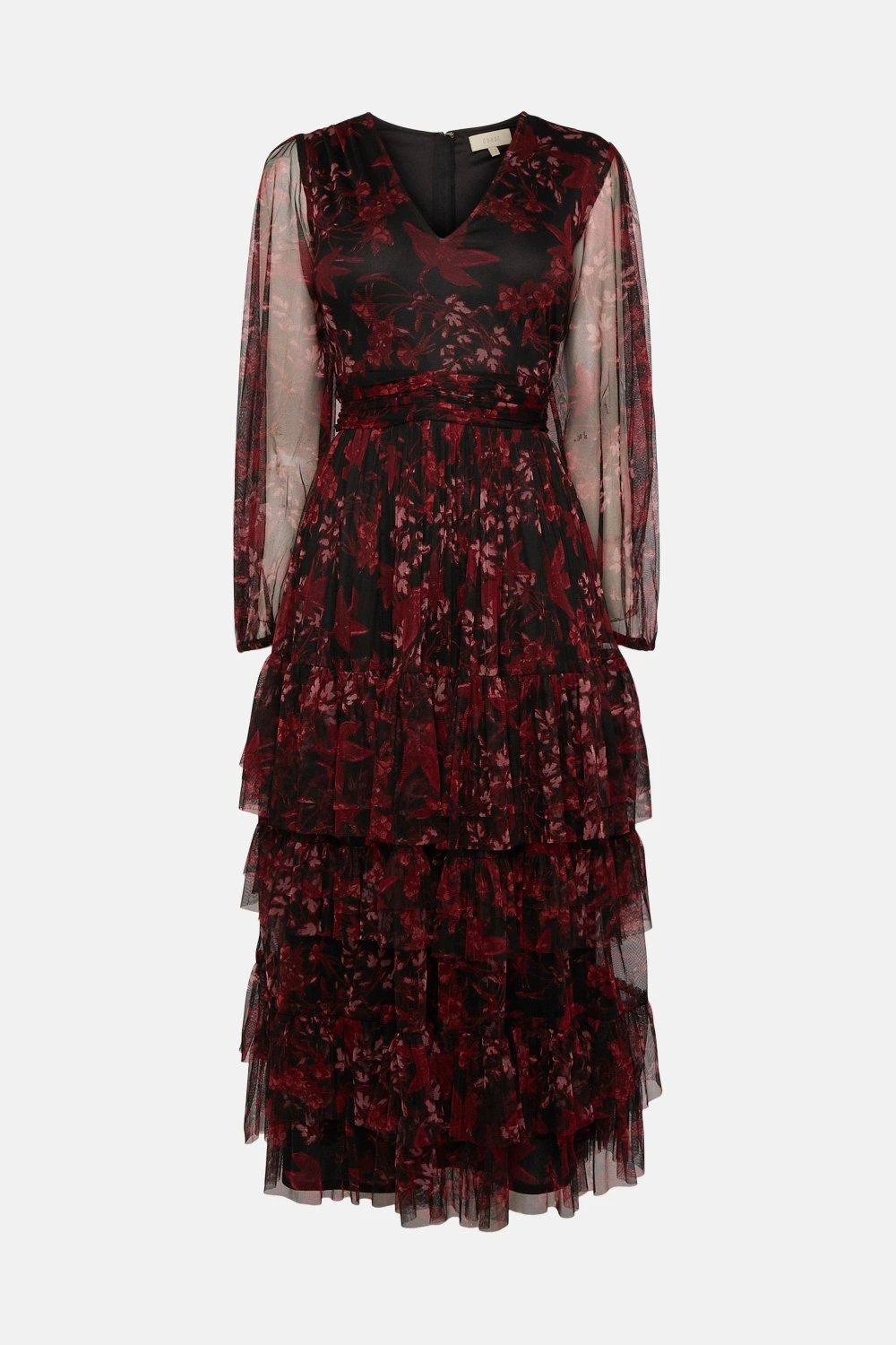 Coast Printed Mesh Tiered Long Sleeve Midi Dress - Image 2