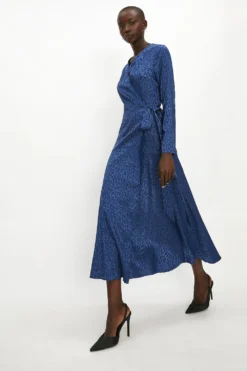 Coast Satin Animal Jacquard Long Sleeve Wrap Midi Dress