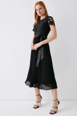 Coast Belted Lace Bodice Pleat Skirt Midi Dress