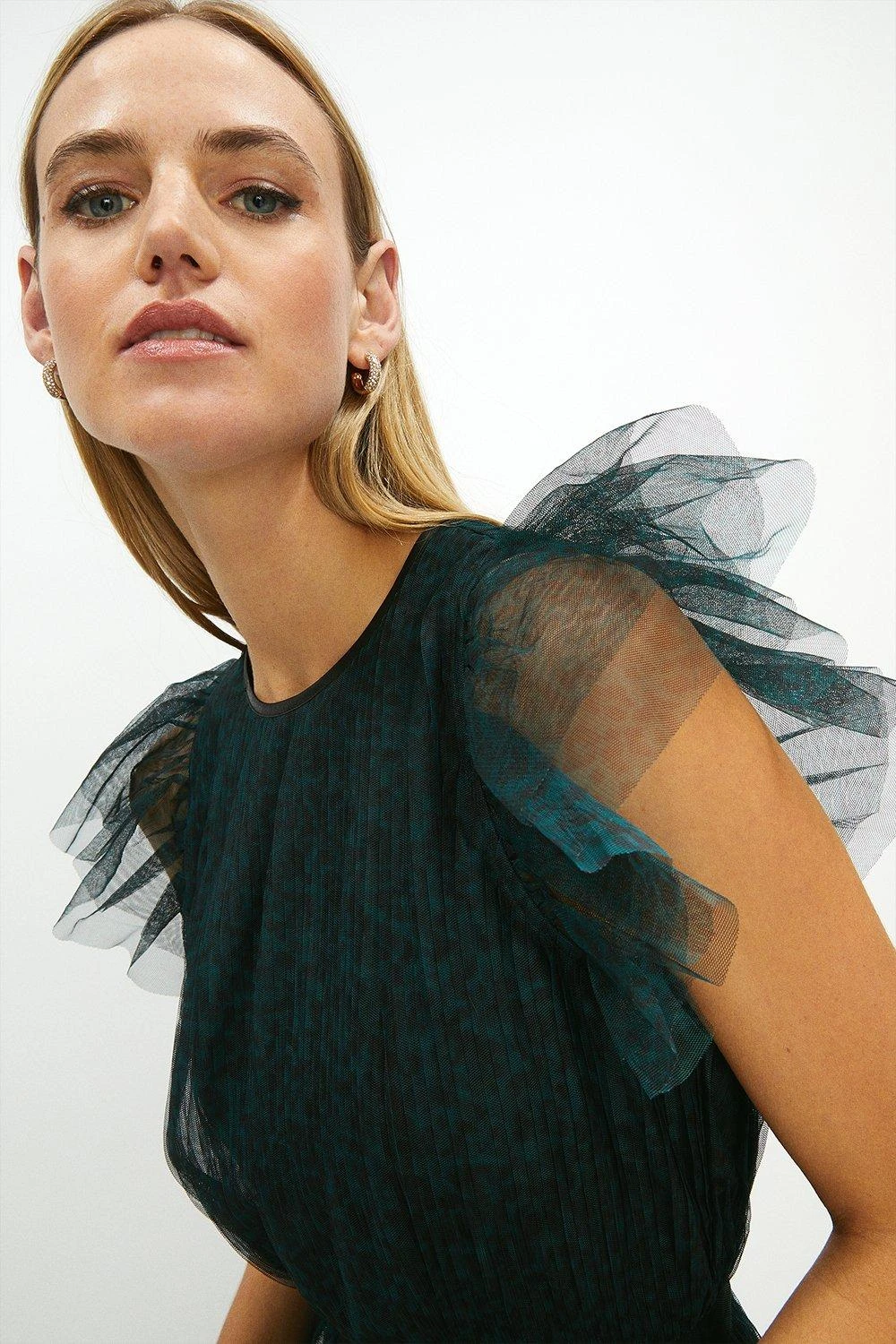 Coast Tiered Pleated Mesh Mini Dress