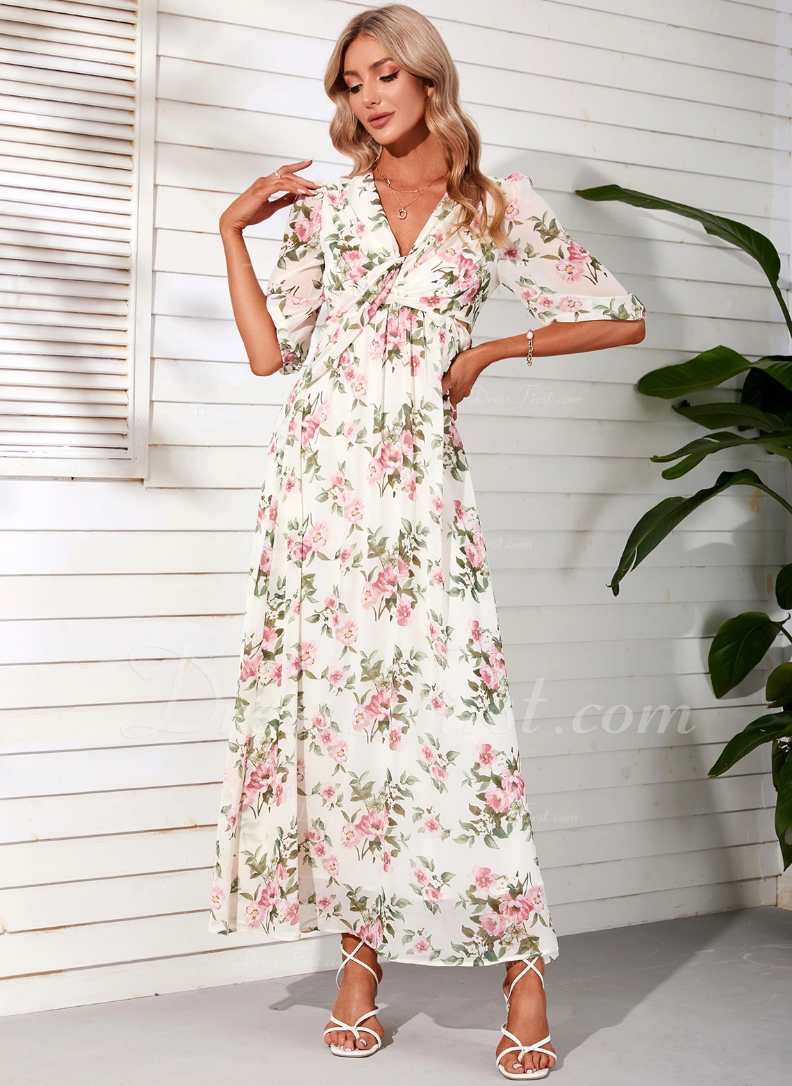 V-Neck Elegant Vacation A-line Chiffon Midi Dresses - Image 6