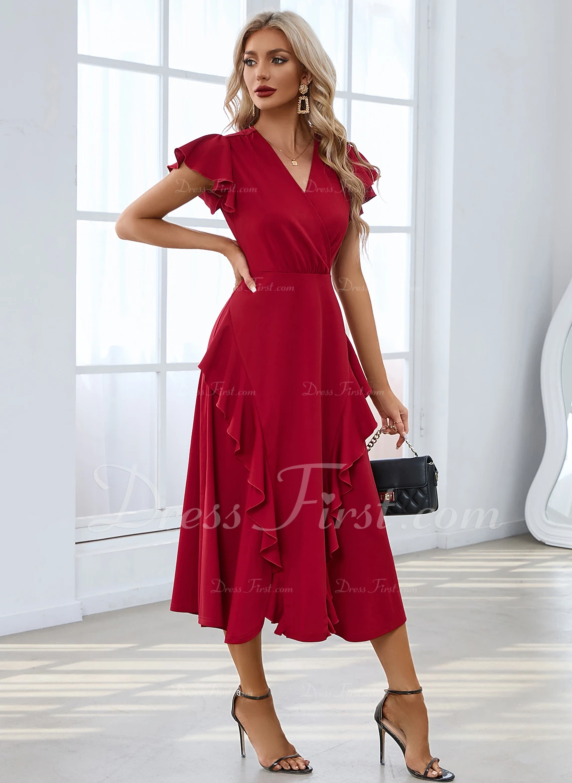 Cascading Ruffles V-Neck Elegant A-line Cotton Blends Midi Dresses - Image 5