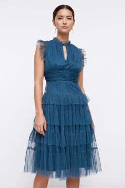 Coast Petite Tulle Tiered Frill Sleeve Dress