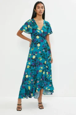 Coast Angel Sleeve Wrap Midi Dress With Ruffle Hem