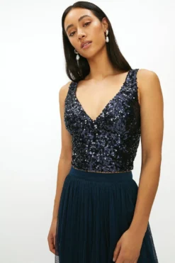 Coast Petite Sequin V Neck Bustier Top