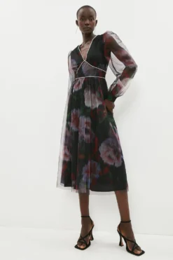 Coast Diamante Detail Printed Mesh Dress