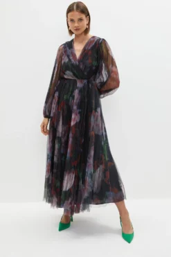 Coast Printed Mesh Pleated Wrap Dress