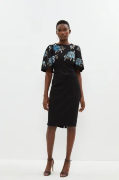 Coast Embellished Floral Jersey Flare Sleeve Dress