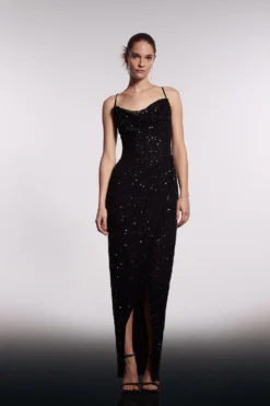 Coast Cowl Neck Corset Bodice Sequin Maxi Dress