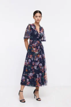 Coast Petite V Neck Angel Sleeve Mesh Dress