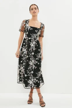 Coast Petite Square Neck Dress In Sequin Floral