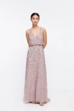 Coast Petite V Neck Blouson Sequin Maxi Dress