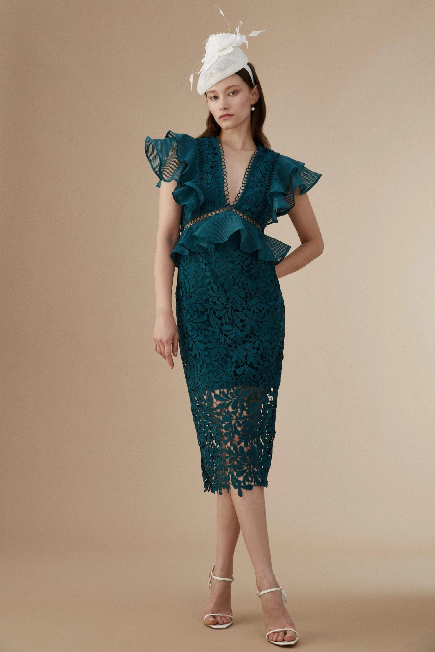 Coast Lisa Tan Organza Lace Mix Frill Sleeve Pencil Dress