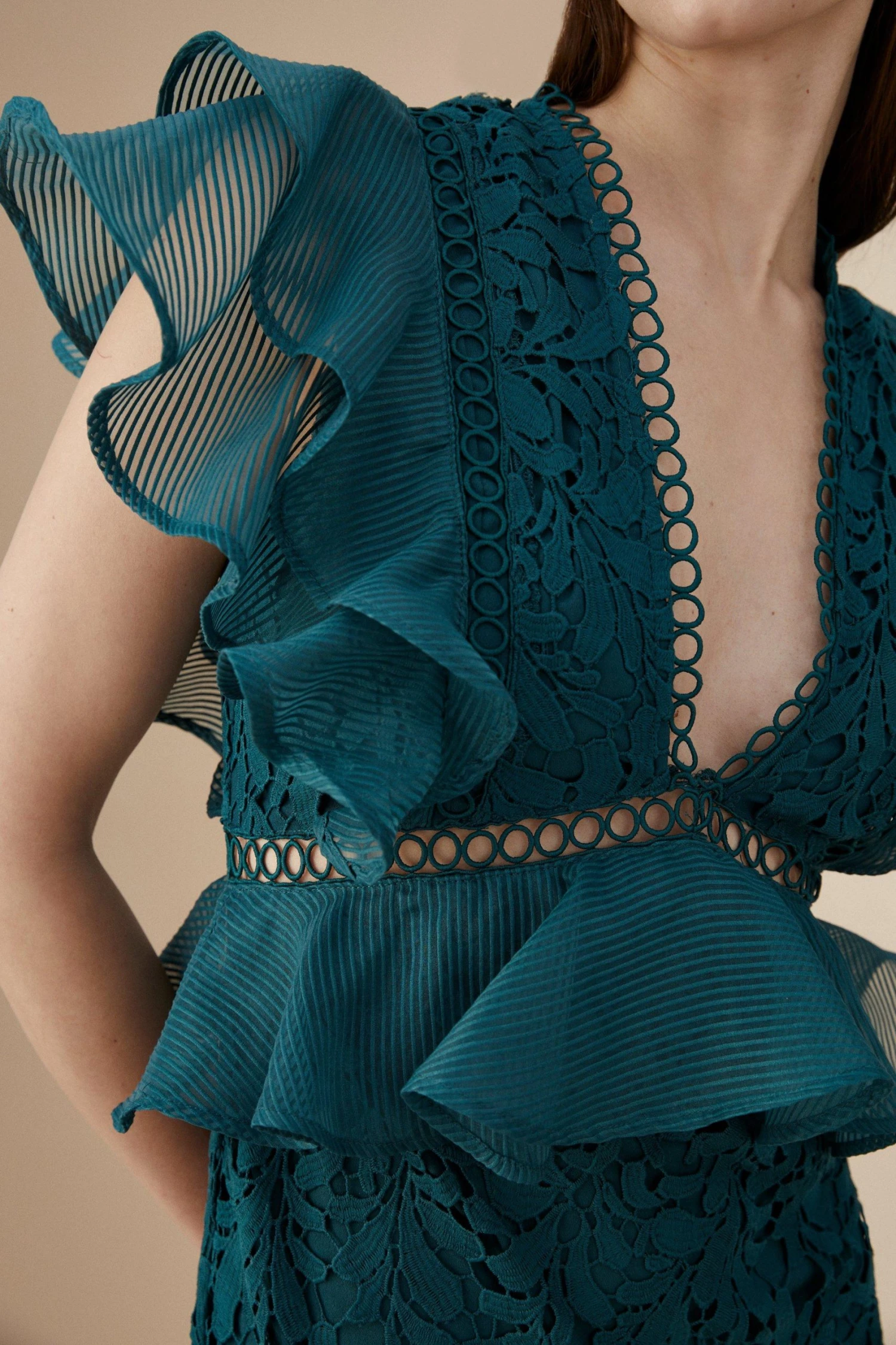 Coast Lisa Tan Organza Lace Mix Frill Sleeve Pencil Dress - Image 2