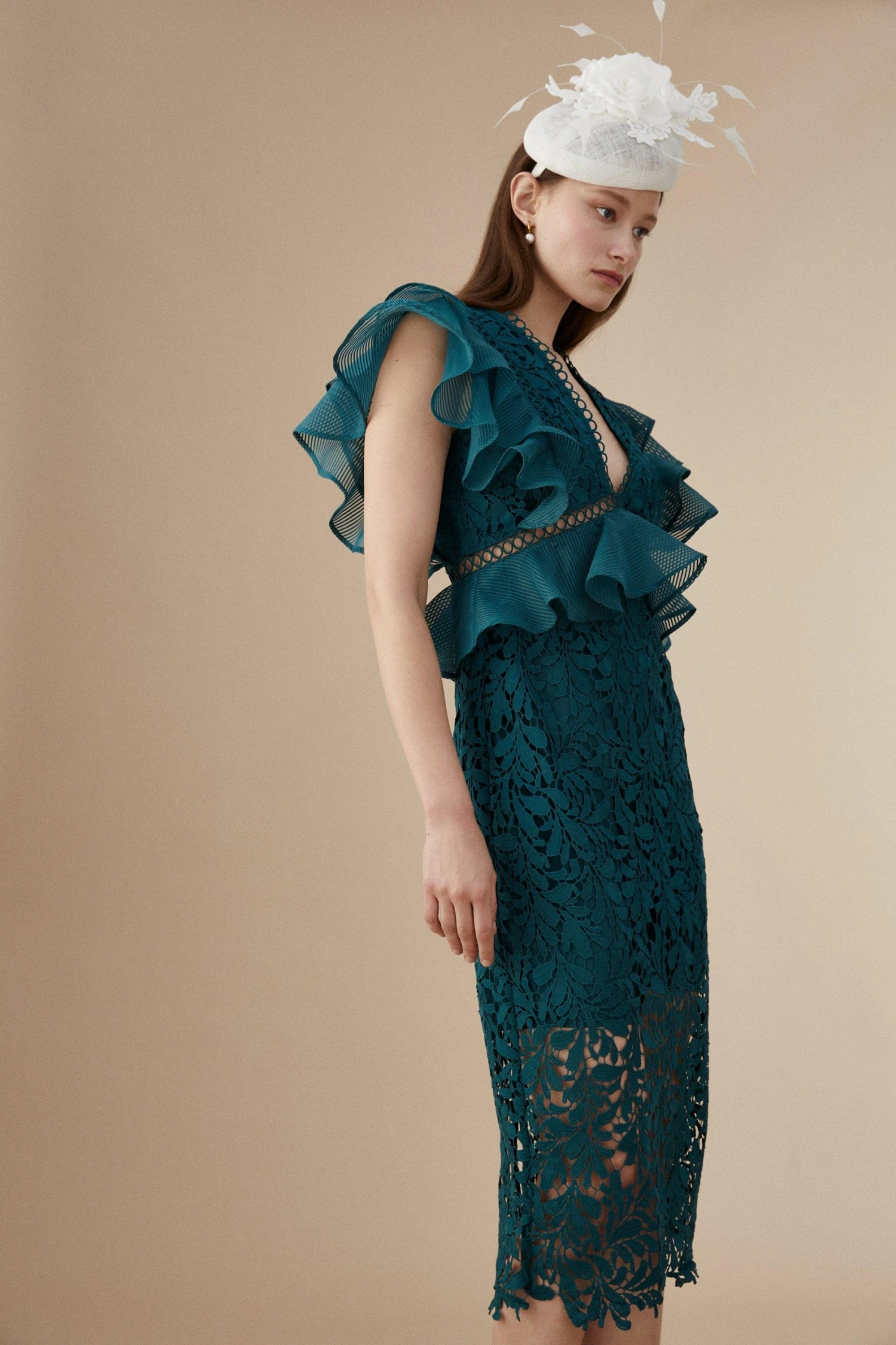 Coast Lisa Tan Organza Lace Mix Frill Sleeve Pencil Dress - Image 3