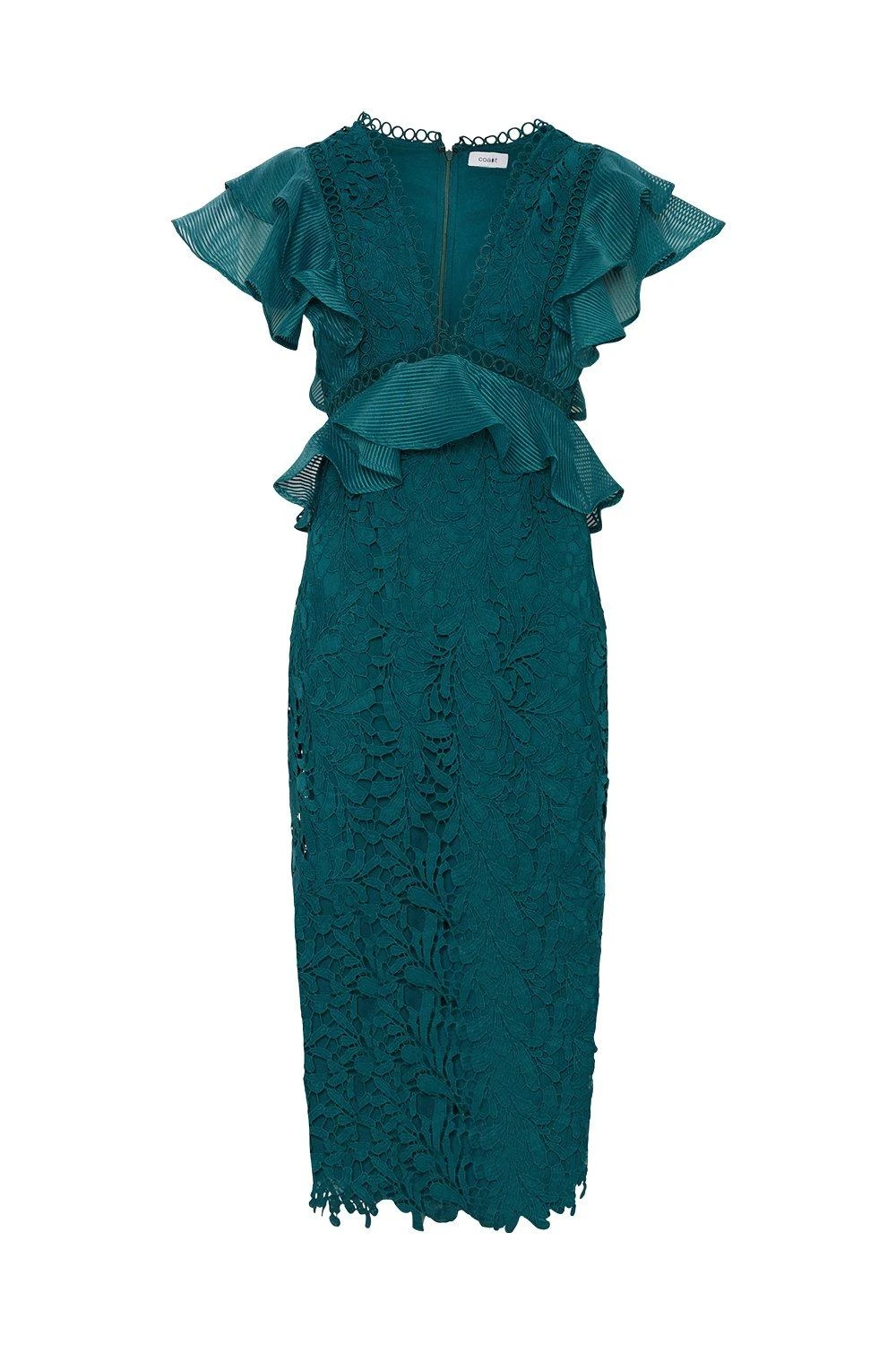 Coast Lisa Tan Organza Lace Mix Frill Sleeve Pencil Dress - Image 4