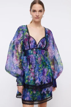 Coast Floral Pleat Detail Placement Print Mini Dress