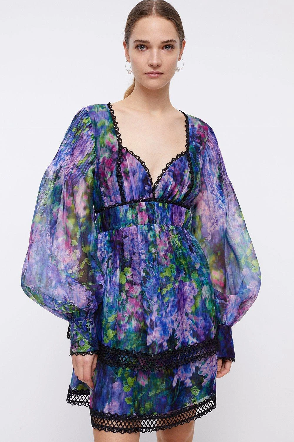 Coast Floral Pleat Detail Placement Print Mini Dress