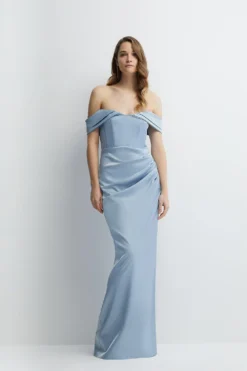 Coast Structured Satin Bardot Wrap Bridesmaids Maxi Dress