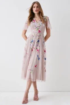 Coast Cape Sleeve Floral Embroidered Mesh Midi Dress