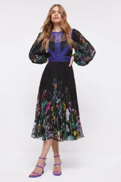 Coast Placement Floral Trimmed Bodice Midi Dress