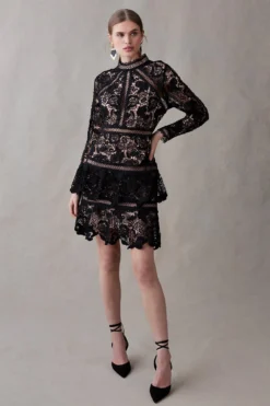 Coast Lace Trim Long Sleeve Mini Dress