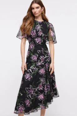 Coast Lily Embroidered Mesh Cut Out Back Midi Dress