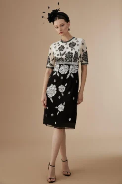 Coast Lisa Tan Floral Hand Embellished Mini Dress