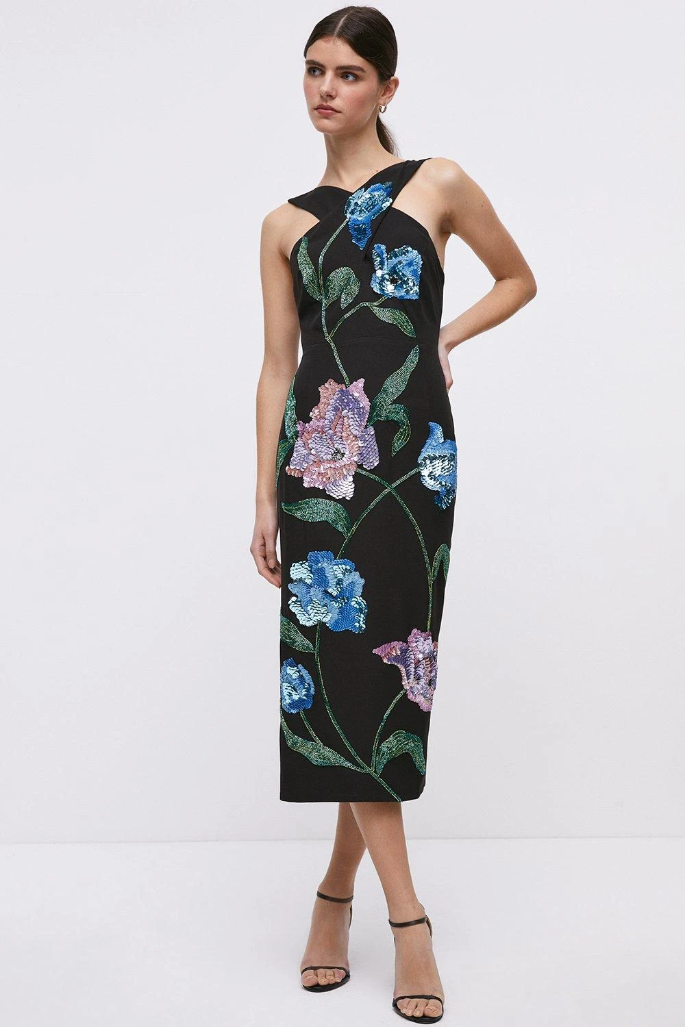 Coast Cross Neck Hand Embellished Floral Pencil Dress