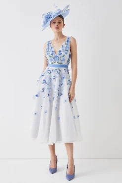 Coast Plunge Organza 3d Floral Full Skirt Midi Dress