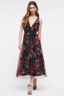 Coast Blurred Floral Tipped Pleated Mesh Midi Dress