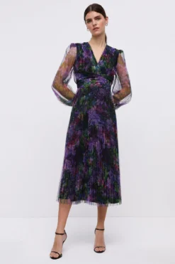 Coast Long Sleeve Waist Detail Pleated Mesh Midi Dress