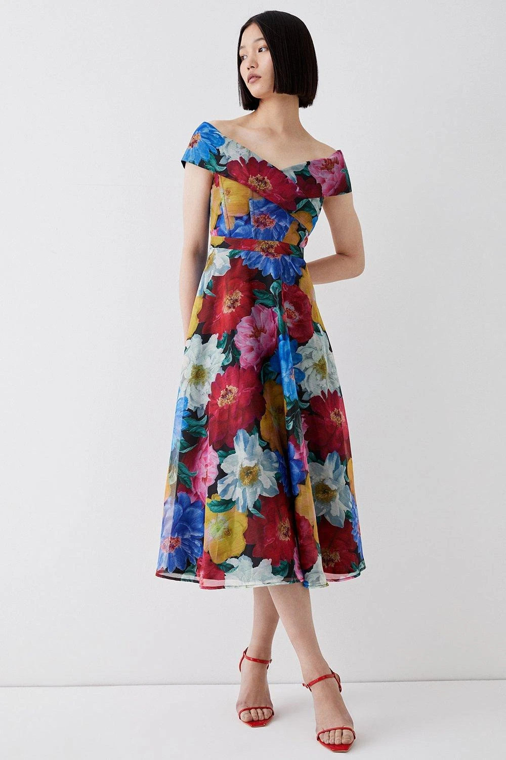 Coast Organza Floral Bardot Ruched Bodice Midi Dress